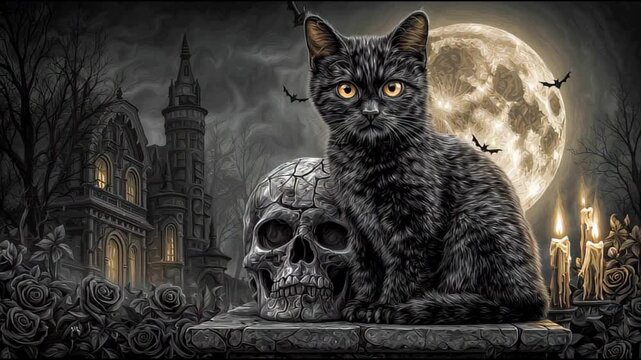 halloween black cat with skull haunted mansion and full moon