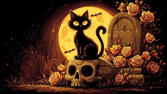 halloween cat on a skull, tombstone and the moon