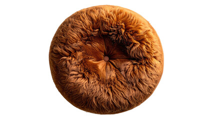 Round, plush, light brown sheepskin cushion, top view