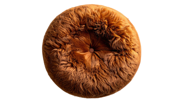 Round, plush, light brown sheepskin cushion, top view