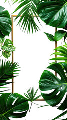 Golden frame surrounded by vibrant tropical leaves, creating a lush botanical backdrop