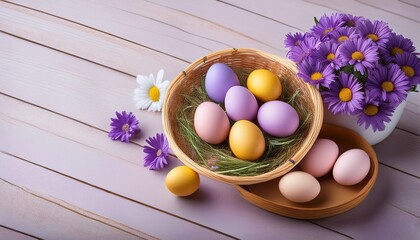Obraz premium Easter Eggs In A Basket And Bowl With Purple Daisies