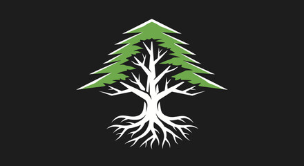 Elegant cedar tree illustration with roots and green leaves on black background.