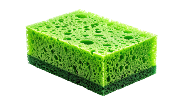 A vibrant green sponge, rectangular in shape, with a textured surface.?The sponge's?pores are clearly visible,?and a darker green layer is visible at the bottom
