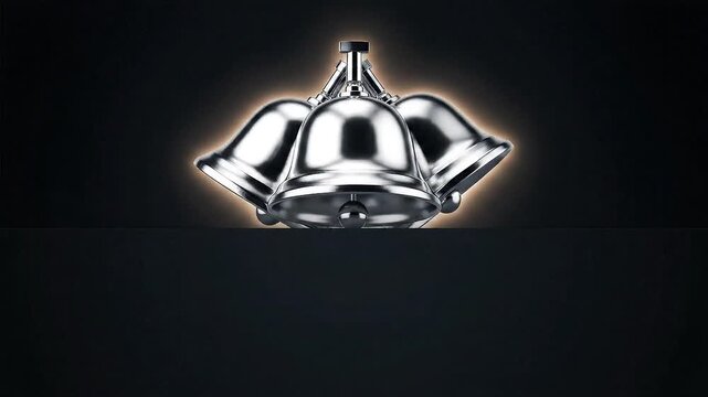 Shiny, metallic bells arranged in a unique cluster, highlighted against a gradient black background. Elegant and minimalist design element