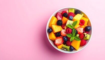 A colorful fresh fruit salad with berries and mint in a white bowl, on a bright pink background.