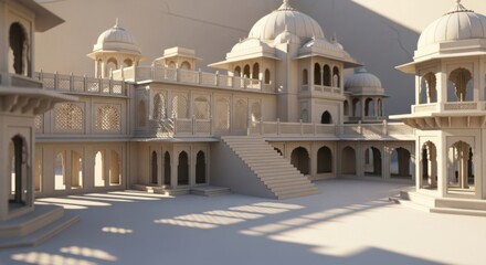 Fototapeta premium Elegant White Architectural Model of Traditional Indian Palace with Domes and Arches in Sunny Outdoor Setting