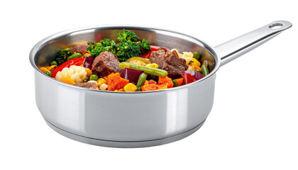 A stainless steel saucepan filled with a vibrant mix of cooked vegetables and meat
