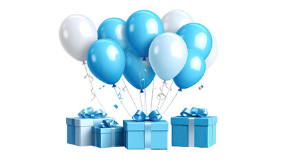 Light-blue and white balloons clustered around light-blue presents