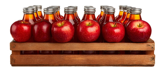 Fresh Red Apples and Bottles of Juice on Wooden Crate with Transparent Background