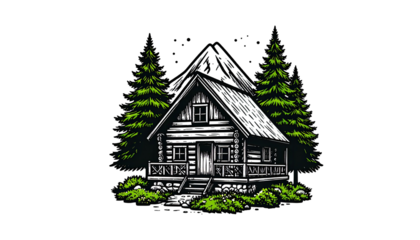 Vintage woodcut-style cabin nestled in a forest, mountain backdrop