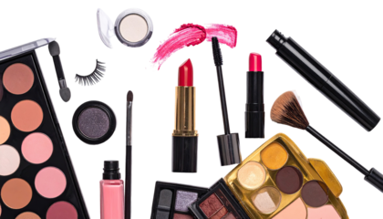 Assorted cosmetic products scattered