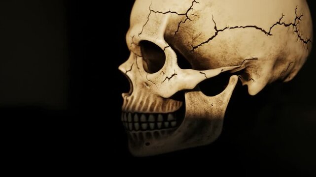 Cracked aged skull in profile lit from the side against a black background showing eye socket teeth and cheekbone