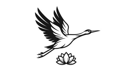 Elegant crane in flight above a serene lotus flower symbol.