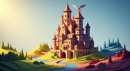 Obraz premium Colorful Fantasy Castle with Dragon in Bright Landscape Illustration