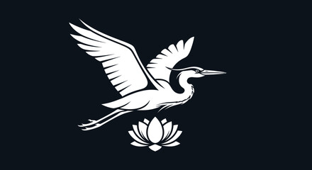 Elegant white heron flying above a blooming lotus flower.