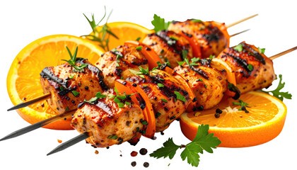Grilled chicken skewers with orange slices and herbs