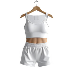 White sports bra and shorts set on hanger