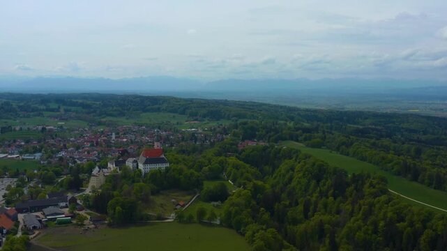 Aerial view of the city and monastery Die&szlig;en am Ammersee in Germany, Bavaria on a sunny spring da