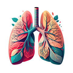 Lungs depicted as vibrant leaves and branches, a stylized anatomical illustration