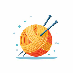 Orange Yarn Ball with Blue Knitting Needles on White Background with Decorative Elements Illustration