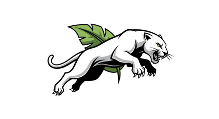 Obraz premium White Panther with Green Leaf Wings Leaping Forward.