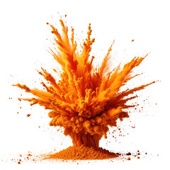 Vivid orange powder explosion with fiery energy against black background