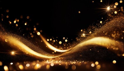 Fototapeta premium Black Background With Shiny Golden Sparkles And Wave Glitter Bokeh Dark Banner With Blurred Shine Effect And Glow Swirl Glittery Magical Sparks