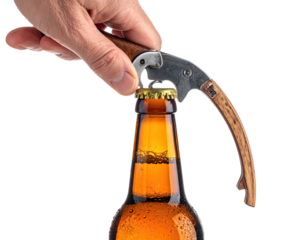 Close-up of a hand using a bottle opener to open a beer bottle.  The opener is a dark wooden-handled tool with metal parts. The bottle is amber glass and shows condensation
