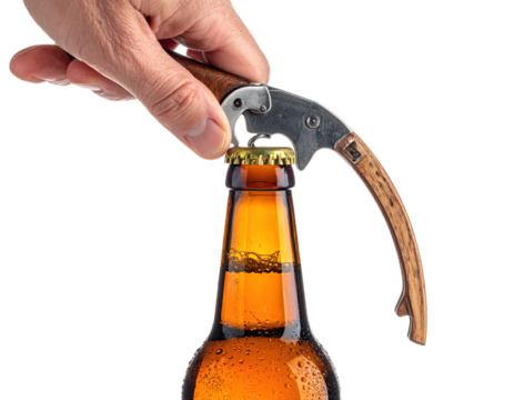 Close-up of a hand using a bottle opener to open a beer bottle.  The opener is a dark wooden-handled tool with metal parts. The bottle is amber glass and shows condensation