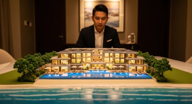 Man in Suit Looking at Modern Luxury Hotel Model with Pool in Conference Room