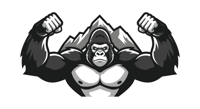 Powerful muscular gorilla flexing its biceps mascot.