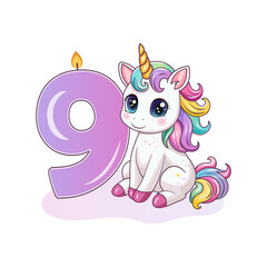 An invitation to a birthday party. Cute unicorn with the number 9. Vector illustration.
