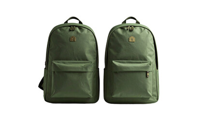 Two matching olive green backpacks, side-by-side.  Each features a simple design with multiple pockets, and adjustable straps