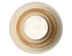 Stacked, concentric, circular plates in beige and cream tones, with a marbled, creamy center plate