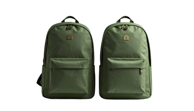 Two matching olive green backpacks, side-by-side.  Each features a simple design with multiple pockets, and adjustable straps