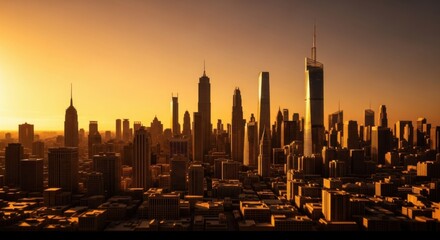 Fototapeta premium City Skyline at Sunset in Modern Urban Landscape with Tall Skyscrapers and Warm Golden Light