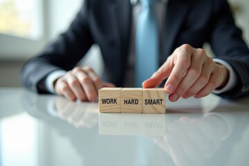 Smart work over hard work concept for business success. Professional manager arranging wooden blocks on an office desk.