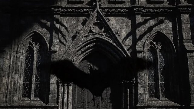 Dark gothic facade with shadow of a bat, representing a mysterious or eerie atmosphere, perfect for halloween