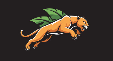 Powerful Cougar with Leaf Wings Leaping Forward.