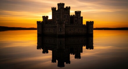 Fototapeta premium Medieval Castle Silhouette During Sunset Reflection on Calm Water