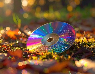 Iridescent disc on grass, bokeh background