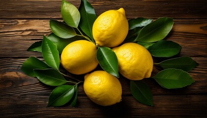 Close Up Of Fresh Lemons Surrounded By Vibrant Green Leaves On A Rustic Wooden Background
