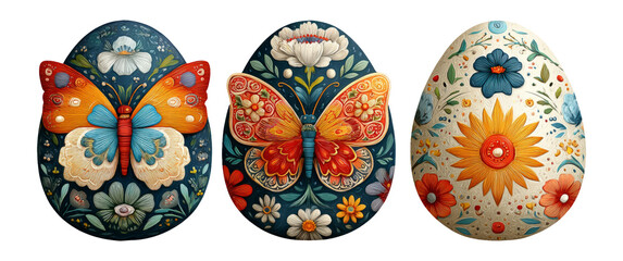 Colorful Decorative Easter Eggs with Butterflies and Floral Patterns Isolated