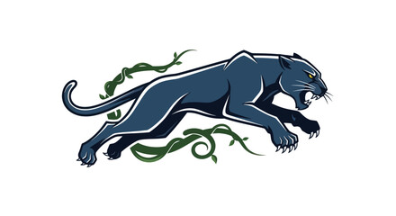 Obraz premium Leaping Black Panther Illustration with Aggressive Expression and Jungle Vines.
