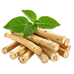 Pile of light beige, woody sticks, with fresh green leaves