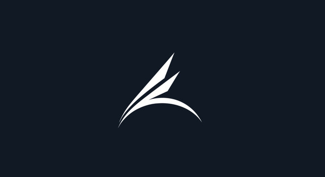 Abstract white logo design with sharp and curved elements on a dark background.