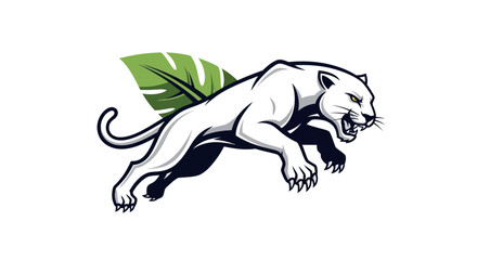 White Panther with Green Leaf Wings Leaping Forward.