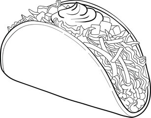 Hand Drawn Taco with Sour Cream and Fresh Filling Outline
