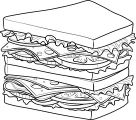 Hand Drawn Layered Sandwich with Fresh Ingredients Outline